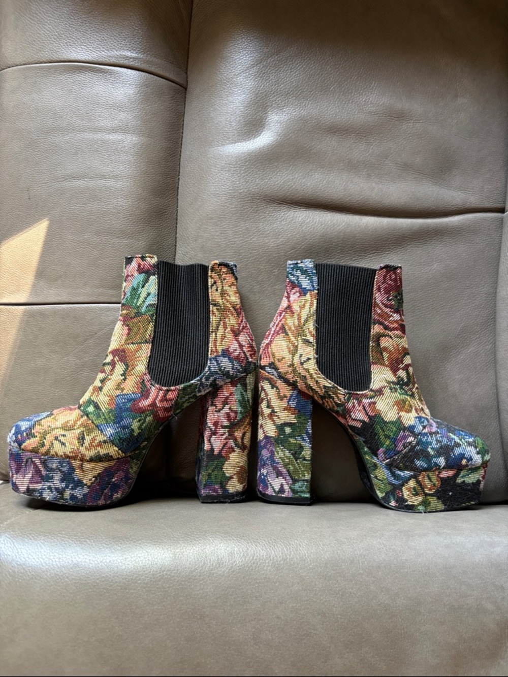 Floral Platform Ankle Boots in Multicolor - Women's Chunky Heel